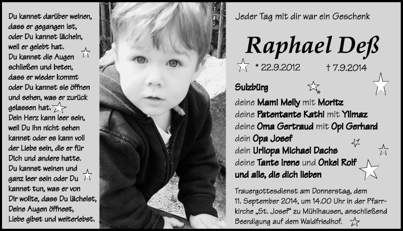 Traueranzeige für Raphael Deß vom 10.09.2014 aus Neumarkter Nachrichten Lokal