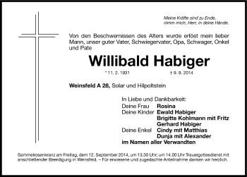 Traueranzeige von Willibald Habiger von Roth-Hilpoltsteiner Volkszeitung Lokal