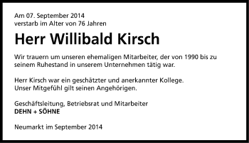 Traueranzeige von Willibald Kirsch von Neumarkter Nachrichten Lokal