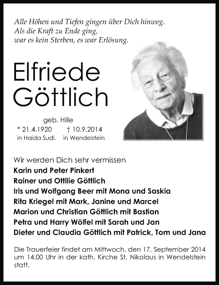  Traueranzeige für Elfriede Göttlich vom 13.09.2014 aus Gesamtausgabe Nürnberger Nachrichten/ Nürnberger Ztg.
