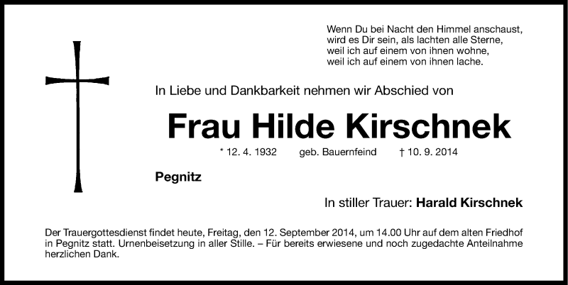  Traueranzeige für Hilde Kirschnek vom 12.09.2014 aus Nordbayerische Nachrichten Pegnitz Lokal