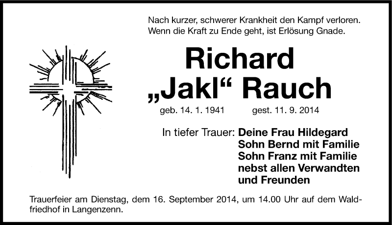  Traueranzeige für Richard Rauch vom 13.09.2014 aus Fürther Nachrichten Lokal