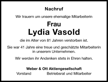 Traueranzeige von Lydia Vasold von Nordbayerische Nachrichten Forchheim Lokal