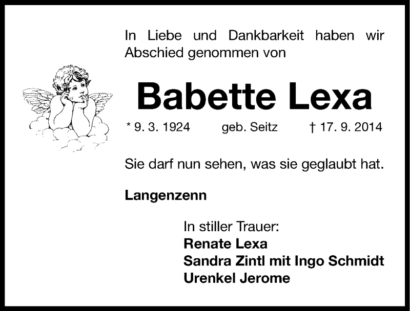  Traueranzeige für Babette Lexa vom 23.09.2014 aus Fürther Nachrichten Lokal