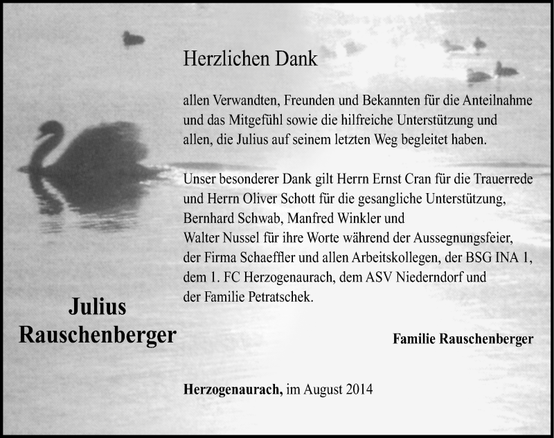  Traueranzeige für Julius Rauschenberger vom 20.09.2014 aus Nordbayerische Nachrichten Herzogenaurach Lokal