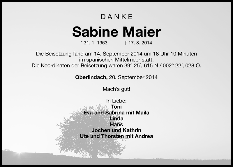  Traueranzeige für Sabine Maier vom 20.09.2014 aus Erlanger Nachrichten Lokal
