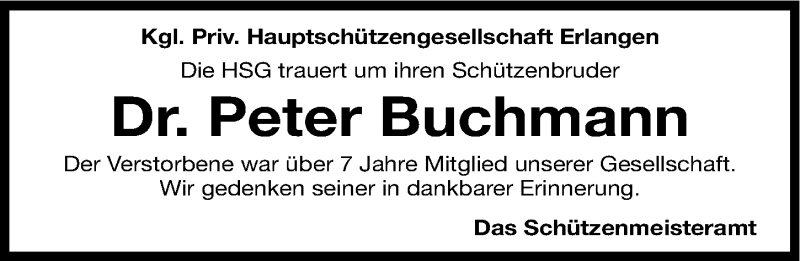  Traueranzeige für Peter Buchmann vom 20.09.2014 aus Erlanger Nachrichten Lokal