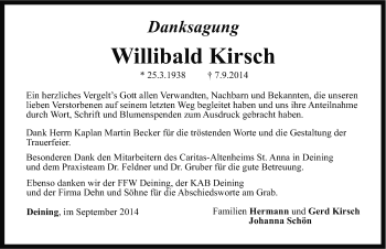 Traueranzeige von Willibald Kirsch von Neumarkter Nachrichten Lokal