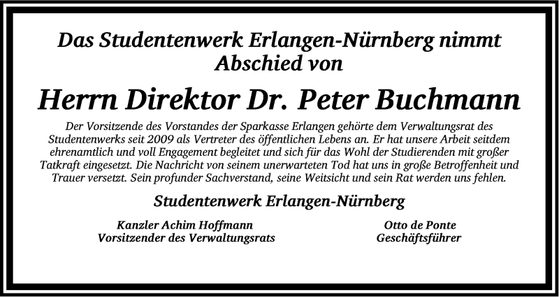  Traueranzeige für Peter Buchmann vom 23.09.2014 aus Gesamtausgabe Nürnberger Nachrichten/ Nürnberger Ztg.