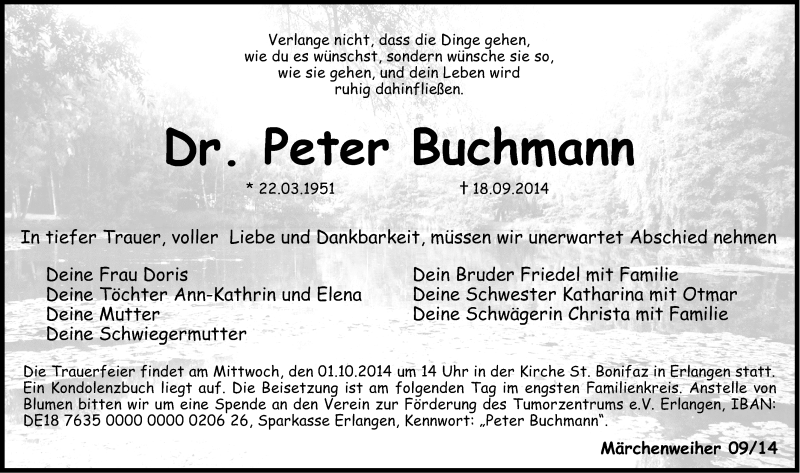  Traueranzeige für Peter Buchmann vom 23.09.2014 aus Erlanger Nachrichten Lokal
