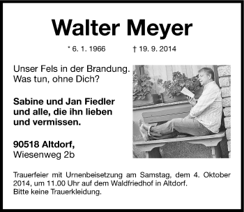 Traueranzeige von Walter Meyer von Gesamtausgabe Nürnberger Nachrichten/ Nürnberger Ztg.