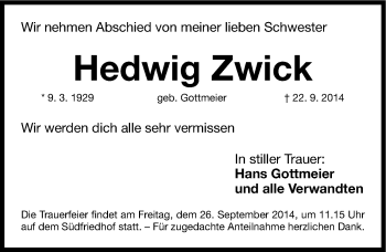 Traueranzeige von Hedwig Zwick von Gesamtausgabe Nürnberger Nachrichten/ Nürnberger Ztg.