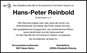 Traueranzeige von Hans-Peter Reinbold von Nordbayerische Nachrichten Forchheim Lokal