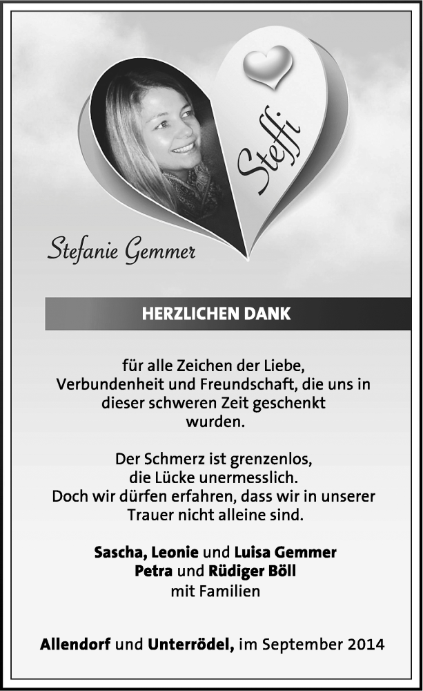  Traueranzeige für Stefanie Gemmer vom 27.09.2014 aus Roth-Hilpoltsteiner Volkszeitung Lokal