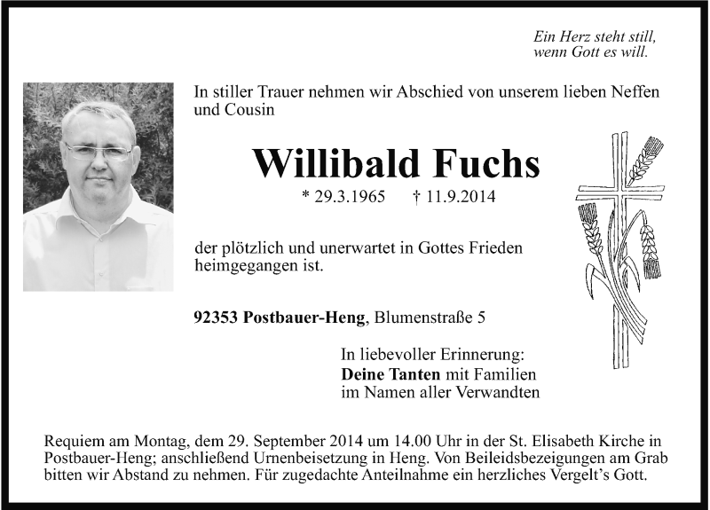  Traueranzeige für Willibald Fuchs vom 26.09.2014 aus Neumarkter Nachrichten Lokal
