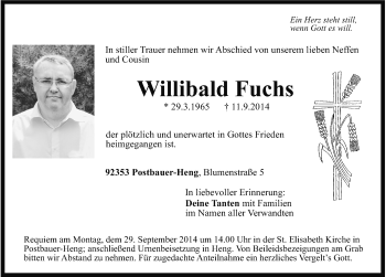 Traueranzeige von Willibald Fuchs von Neumarkter Nachrichten Lokal