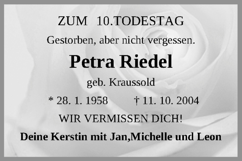  Traueranzeige für Petra Riedel vom 11.10.2014 aus Gesamtausgabe Nürnberger Nachrichten/ Nürnberger Ztg.