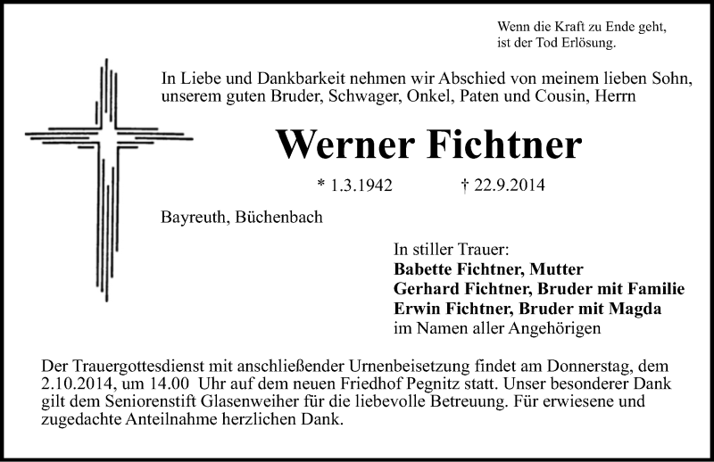  Traueranzeige für Werner Fichtner vom 01.10.2014 aus Nordbayerische Nachrichten Pegnitz Lokal