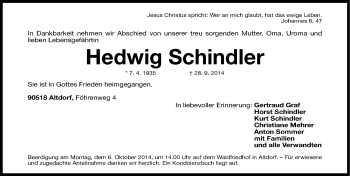 Traueranzeige von Hedwig Schindler von Gesamtausgabe Nürnberger Nachrichten/ Nürnberger Ztg.