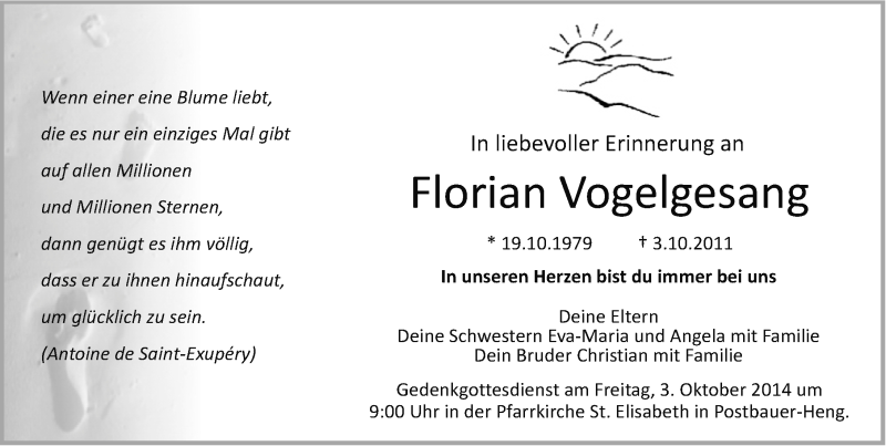  Traueranzeige für Florian Vogelgesang vom 02.10.2014 aus Neumarkter Nachrichten Lokal