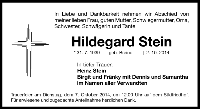  Traueranzeige für Hildegard Stein vom 06.10.2014 aus Gesamtausgabe Nürnberger Nachrichten/ Nürnberger Ztg.