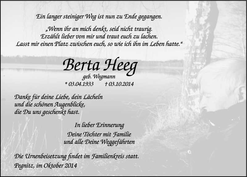  Traueranzeige für Berta Heeg vom 07.10.2014 aus Nordbayerische Nachrichten Pegnitz Lokal