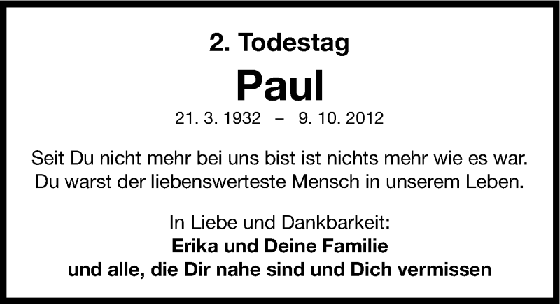  Traueranzeige für Paul Steinmetz vom 09.10.2014 aus Fürther Nachrichten Lokal