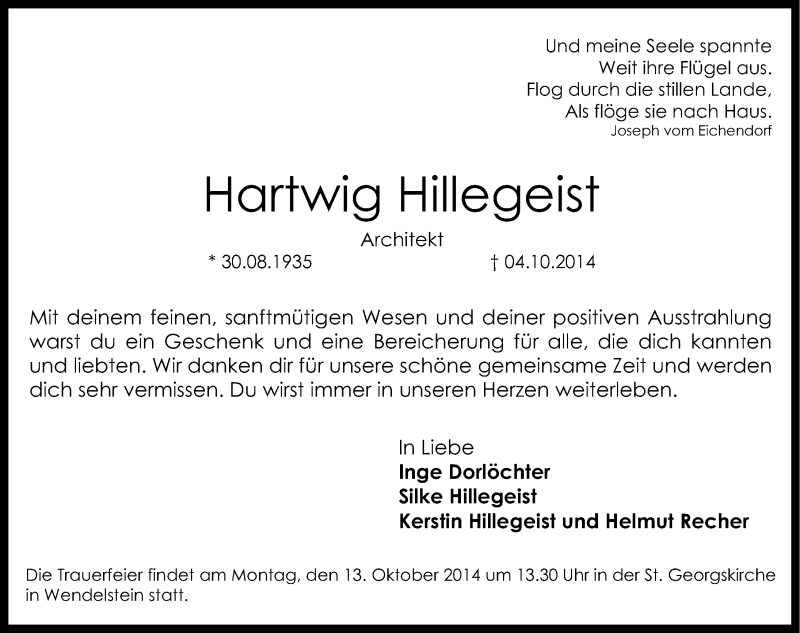  Traueranzeige für Hartwig Hillegeist vom 08.10.2014 aus Gesamtausgabe Nürnberger Nachrichten/ Nürnberger Ztg.