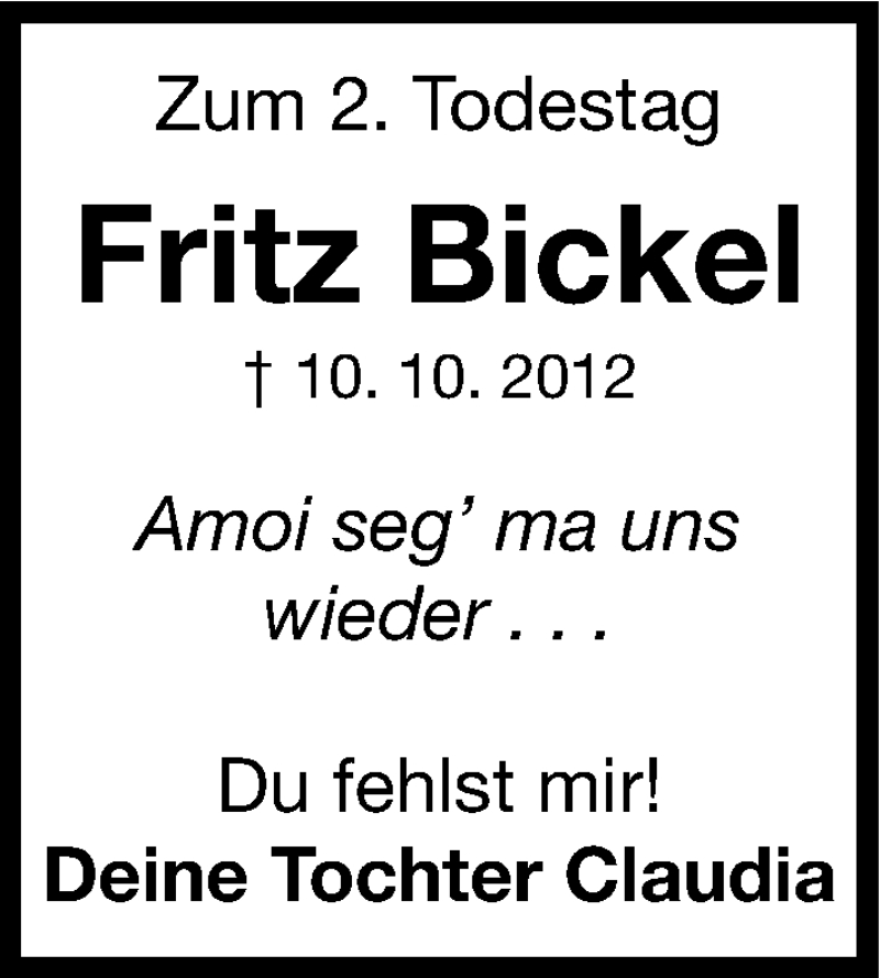  Traueranzeige für Fritz Bickel vom 10.10.2014 aus Roth-Hilpoltsteiner Volkszeitung Lokal