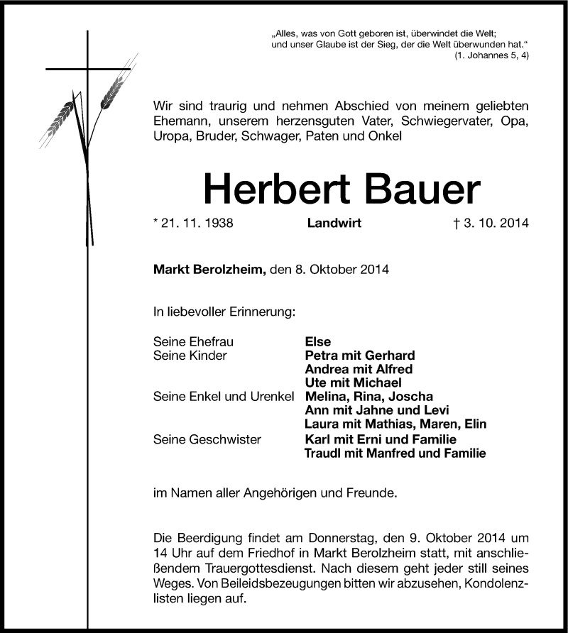  Traueranzeige für Herbert Bauer vom 08.10.2014 aus Altmühl-Bote Lokal