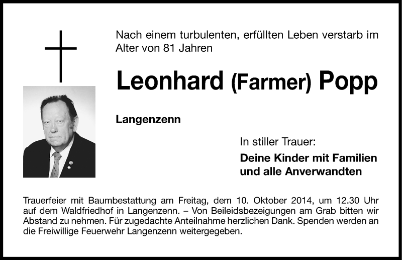  Traueranzeige für Leonhard Popp vom 08.10.2014 aus Fürther Nachrichten Lokal