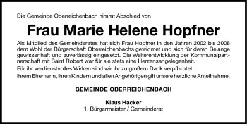 Traueranzeige von Marie Helene Hopfner von Nordbayerische Nachrichten Herzogenaurach Lokal