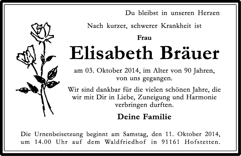 Traueranzeigen Von Elisabeth Bräuer | Trauer.nn.de