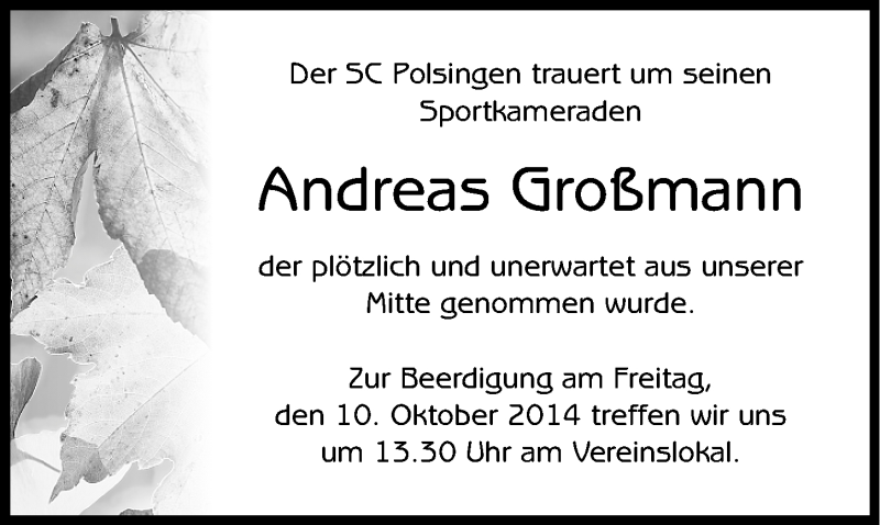  Traueranzeige für Andreas Großmann vom 09.10.2014 aus Altmühl-Bote Lokal