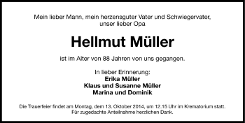 Traueranzeige von Hellmut Müller von Gesamtausgabe Nürnberger Nachrichten/ Nürnberger Ztg.