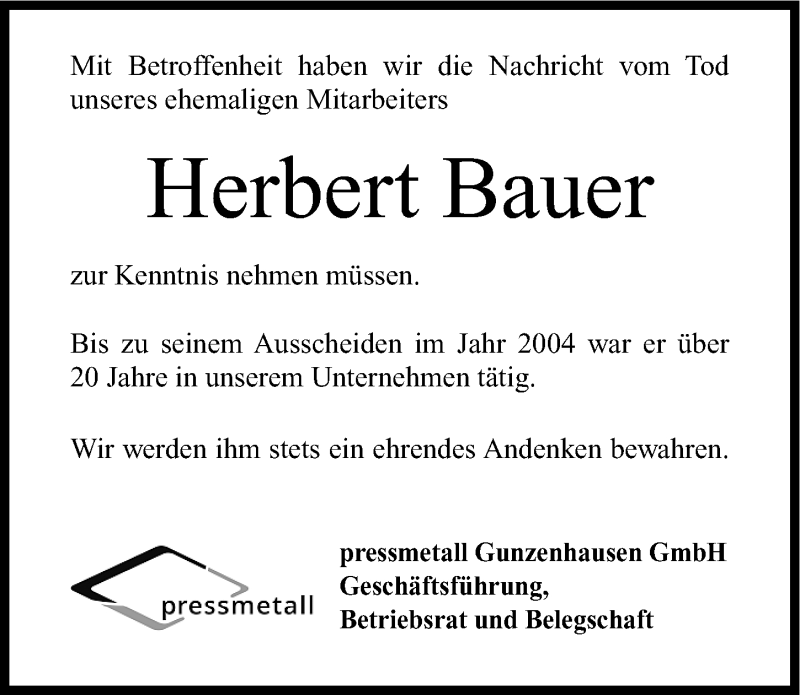 Traueranzeigen Von Herbert Bauer Trauernnde