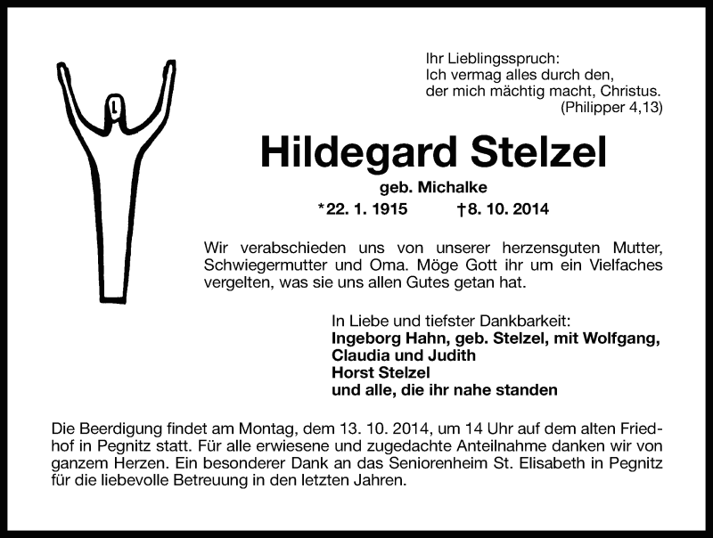  Traueranzeige für Hildegard Stelzel vom 11.10.2014 aus Nordbayerische Nachrichten Pegnitz Lokal
