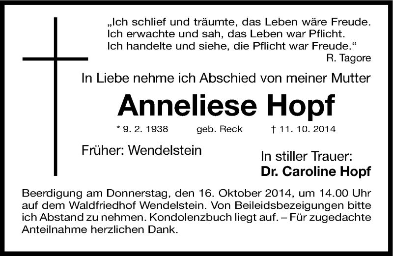 Traueranzeige für Anneliese Hopf vom 14.10.2014 aus Gesamtausgabe Nürnberger Nachrichten/ Nürnberger Ztg.