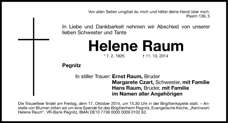  Traueranzeige für Helene Raum vom 14.10.2014 aus Nordbayerische Nachrichten Pegnitz Lokal