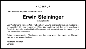 Traueranzeige von Erwin Steininger von Nordbayerische Nachrichten Pegnitz Lokal