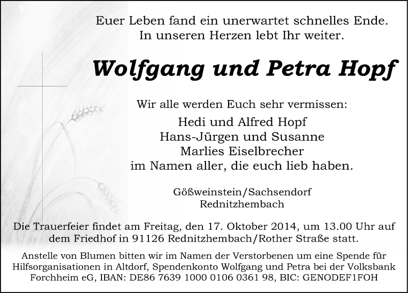  Traueranzeige für Wolfgang Hopf vom 16.10.2014 aus Gesamtausgabe Nürnberger Nachrichten/ Nürnberger Ztg.