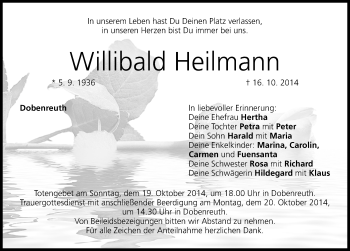 Traueranzeige von Willibald Heilmann von Nordbayerische Nachrichten Forchheim Lokal