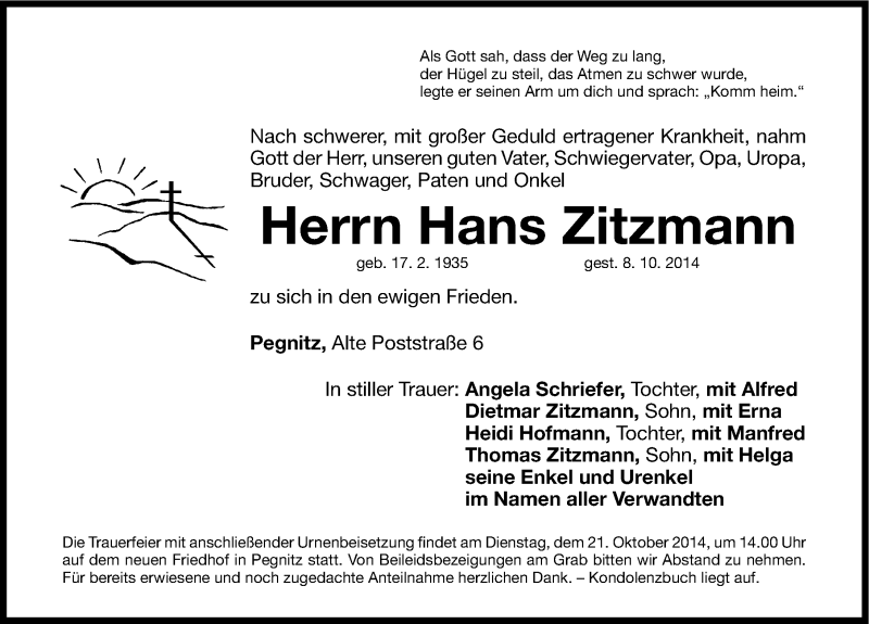  Traueranzeige für Hans Zitzmann vom 18.10.2014 aus Nordbayerische Nachrichten Pegnitz Lokal