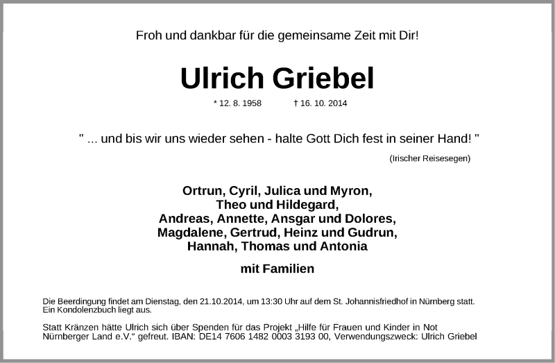  Traueranzeige für Ulrich Griebel vom 18.10.2014 aus Gesamtausgabe Nürnberger Nachrichten/ Nürnberger Ztg.
