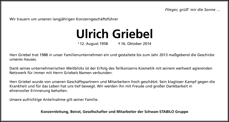  Traueranzeige für Ulrich Griebel vom 18.10.2014 aus Gesamtausgabe Nürnberger Nachrichten/ Nürnberger Ztg.