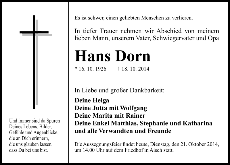  Traueranzeige für Hans Dorn vom 21.10.2014 aus Nordbayerische Nachrichten Herzogenaurach Lokal