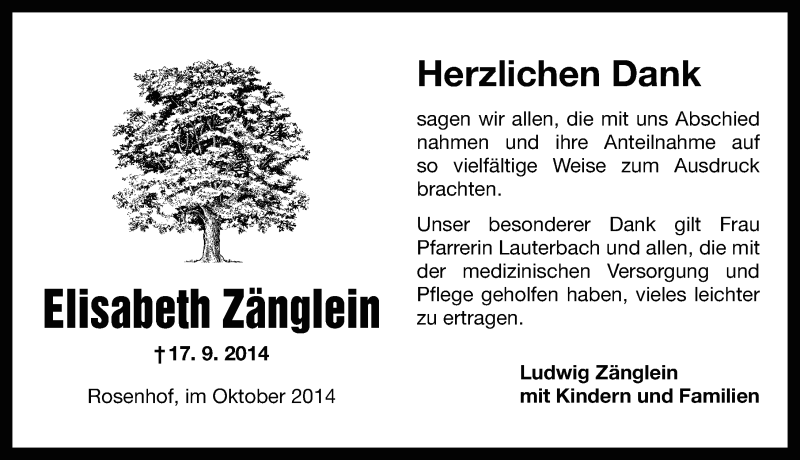  Traueranzeige für Elisabeth Zänglein vom 22.10.2014 aus Nordbayerische Nachrichten Pegnitz Lokal