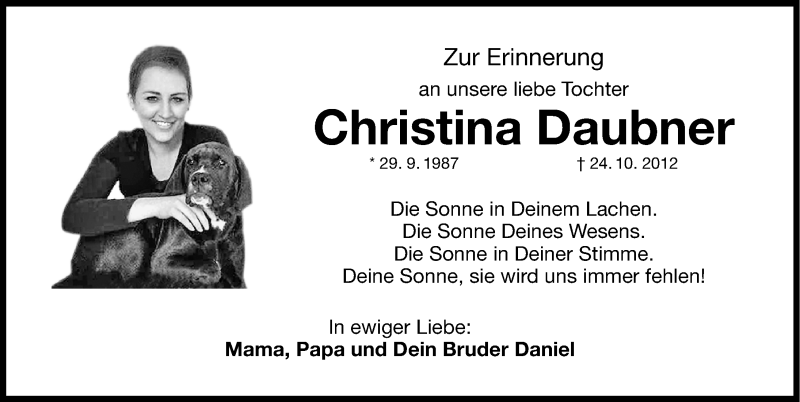  Traueranzeige für Christina Daubner vom 24.10.2014 aus Neumarkter Nachrichten Lokal