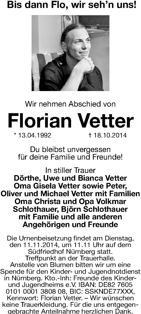  Traueranzeige für Florian Vetter vom 08.11.2014 aus Gesamtausgabe Nürnberger Nachrichten/ Nürnberger Ztg.
