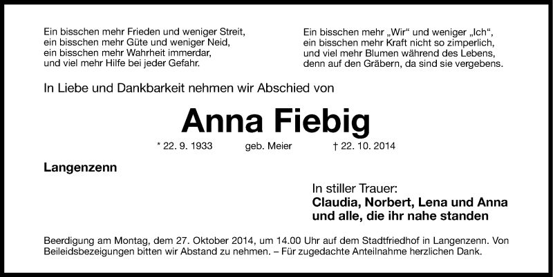  Traueranzeige für Anna Fiebig vom 24.10.2014 aus Fürther Nachrichten Lokal